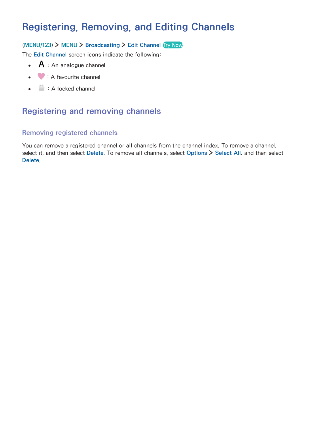 Samsung UA75JU6400RXUM, UA48JU6600RXSK manual Registering, Removing, and Editing Channels, Registering and removing channels 