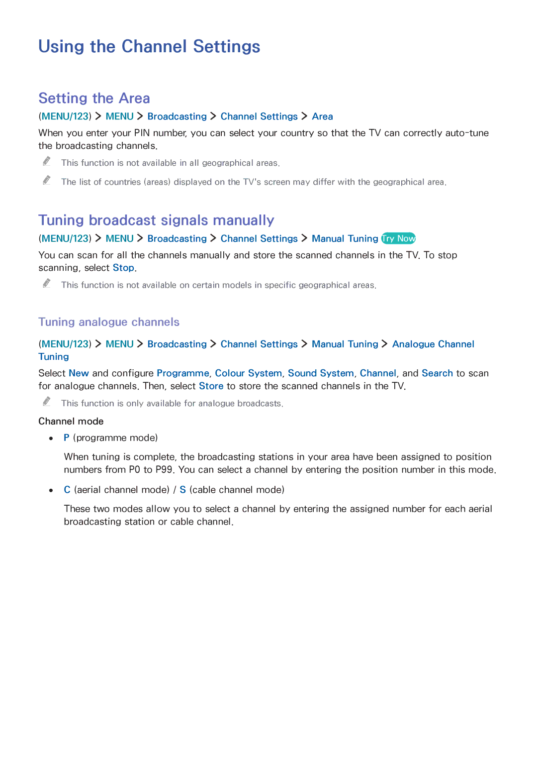Samsung UA50JU6400RXUM, UA48JU6600RXSK Using the Channel Settings, Setting the Area, Tuning broadcast signals manually 