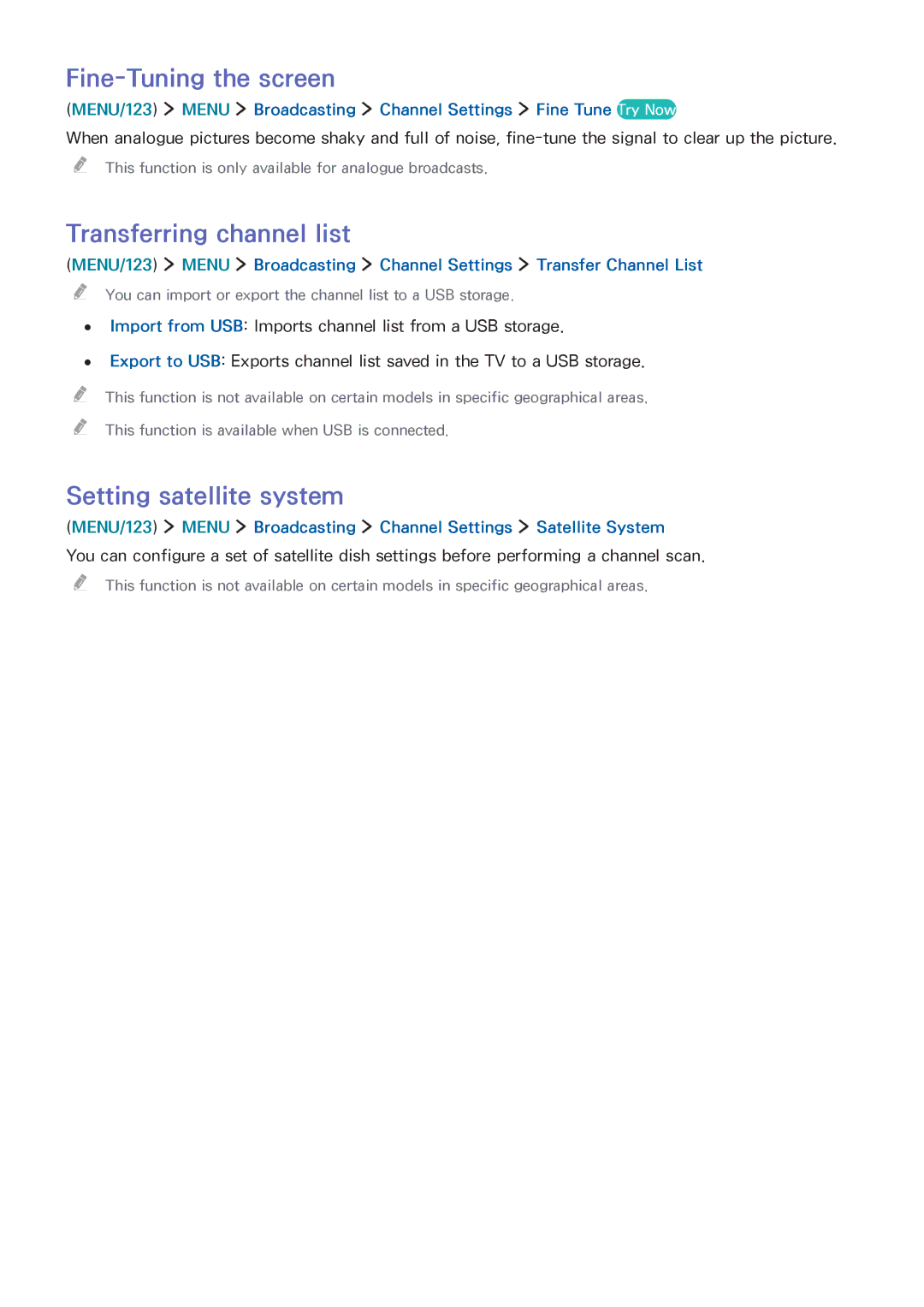 Samsung UA55JU6600RXUM, UA48JU6600RXSK manual Fine-Tuning the screen, Transferring channel list, Setting satellite system 