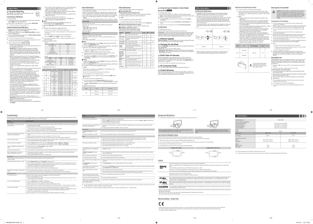 Samsung UA48K5000ARXUM manual Support Menu, OtherInformation, Specifications 