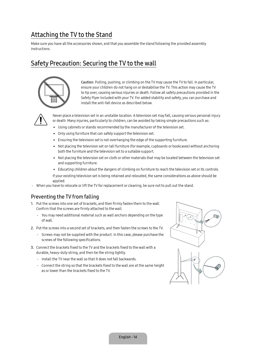 Samsung UA49K5300ARXUM, UA49K5300BRXUM manual Attaching the TV to the Stand, Safety Precaution Securing the TV to the wall 