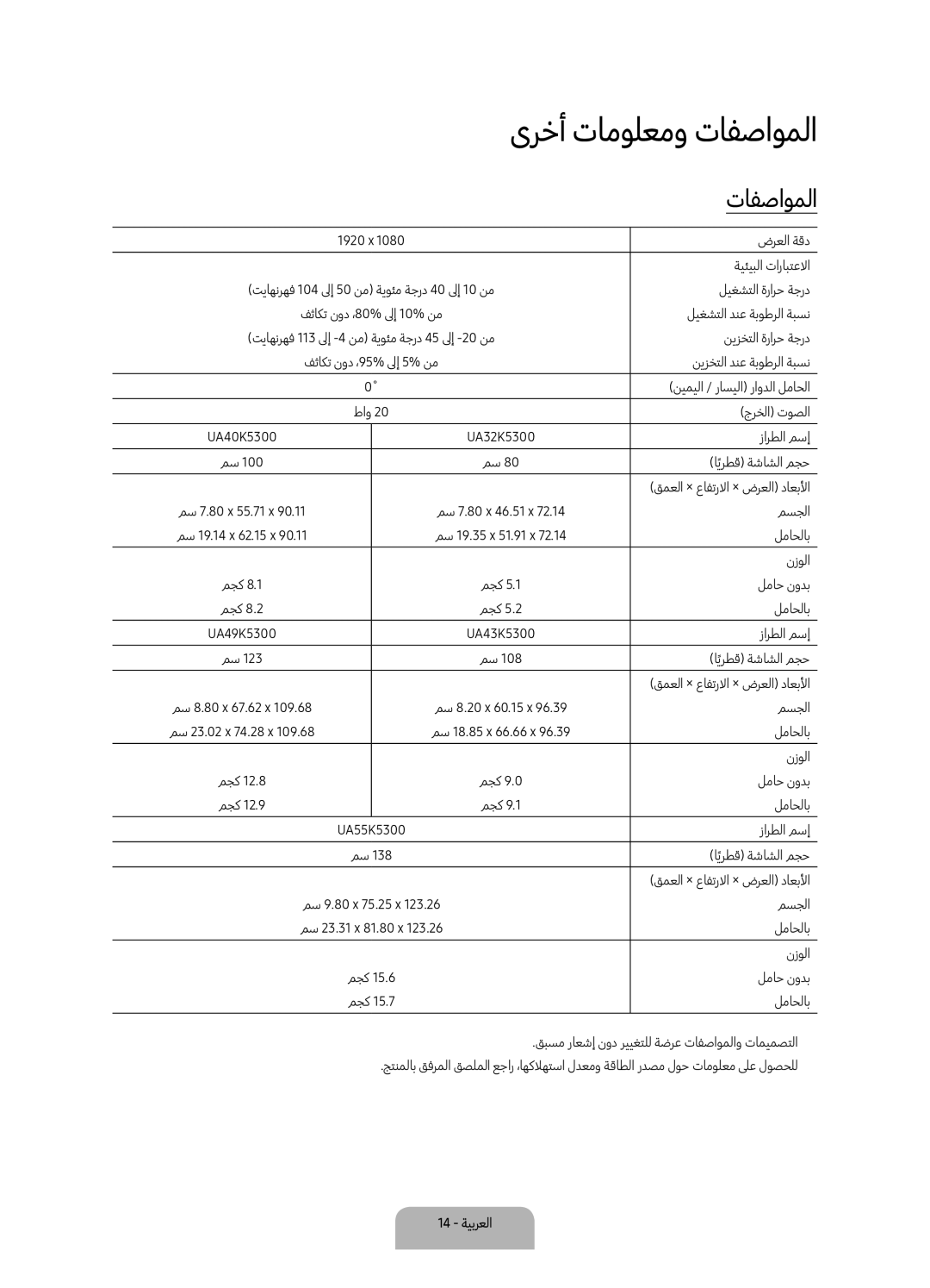 Samsung UA49K5300ARXUM, UA49K5300BRXUM manual ىرخأ تامولعمو تافصاوملا 