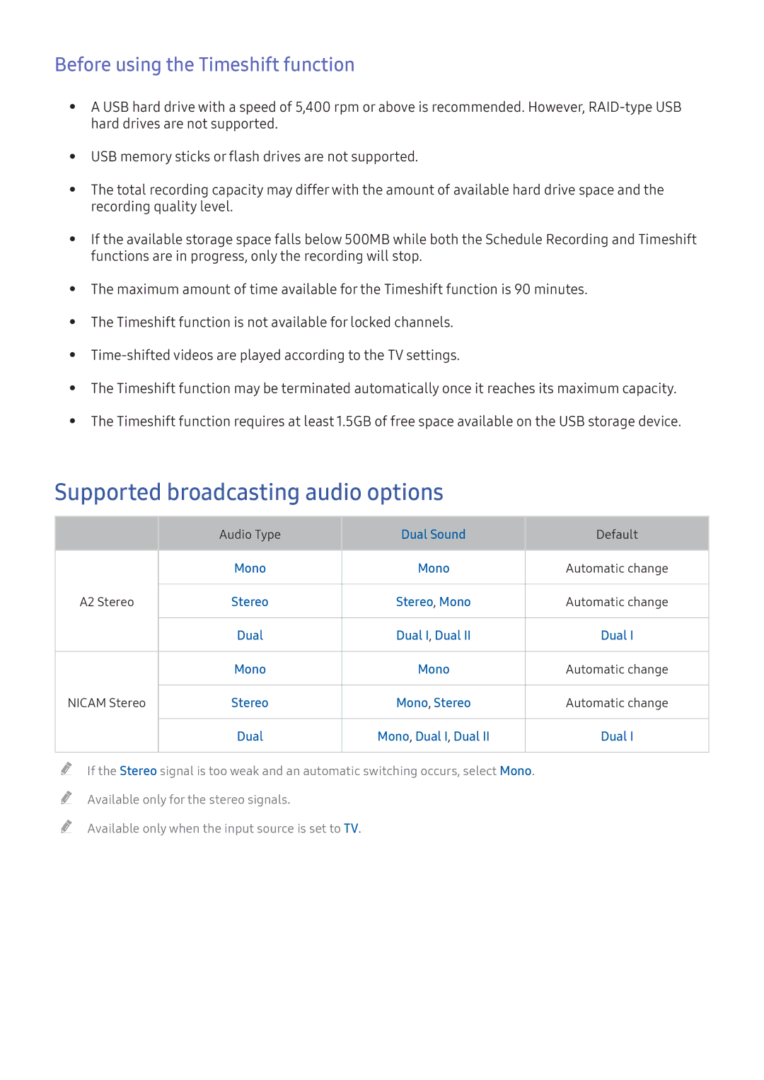 Samsung UA49K5300AKXXV, UA49K6500AKXSK manual Supported broadcasting audio options, Before using the Timeshift function 