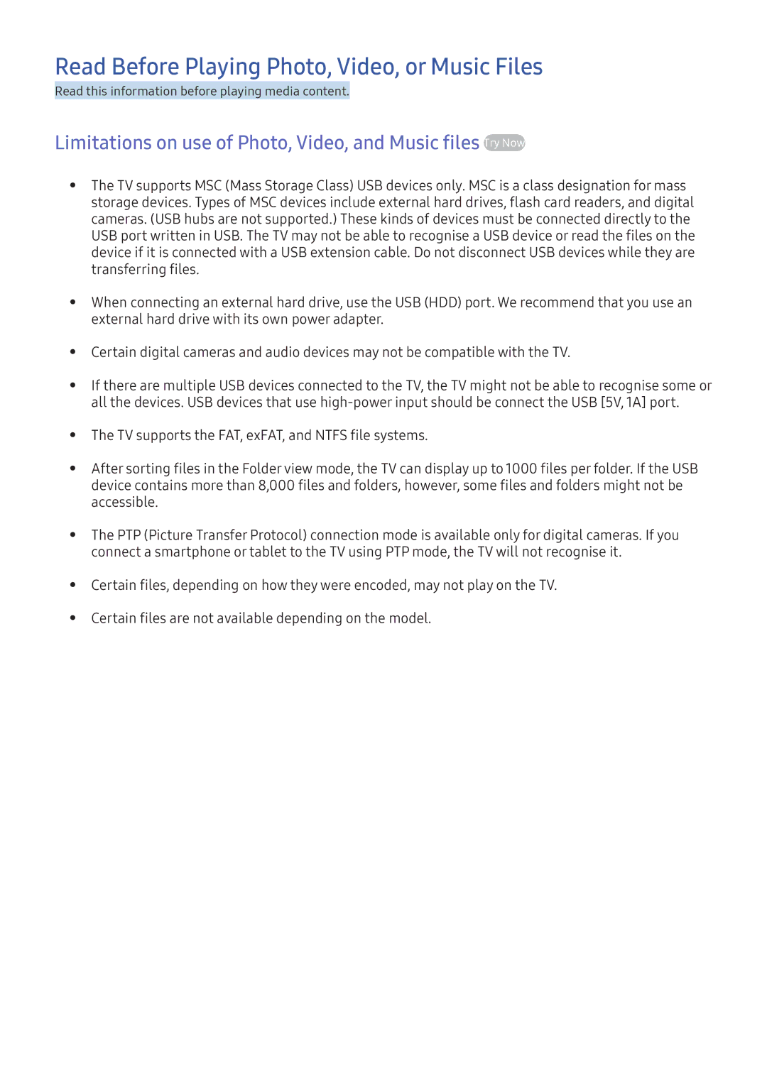 Samsung UA40K5300AKXXV, UA49K6500AKXSK, UA40K5300AKXSK, UA40K5300BKXSK manual Read Before Playing Photo, Video, or Music Files 