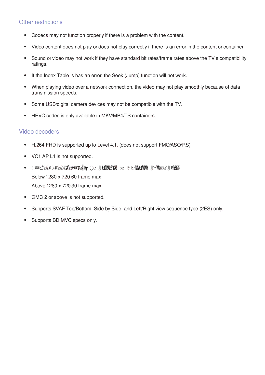 Samsung UA43K5520AKXXV, UA49K6500AKXSK, UA40K5300AKXSK, UA40K5300BKXSK, UA49K6500BKXSK Other restrictions, Video decoders 