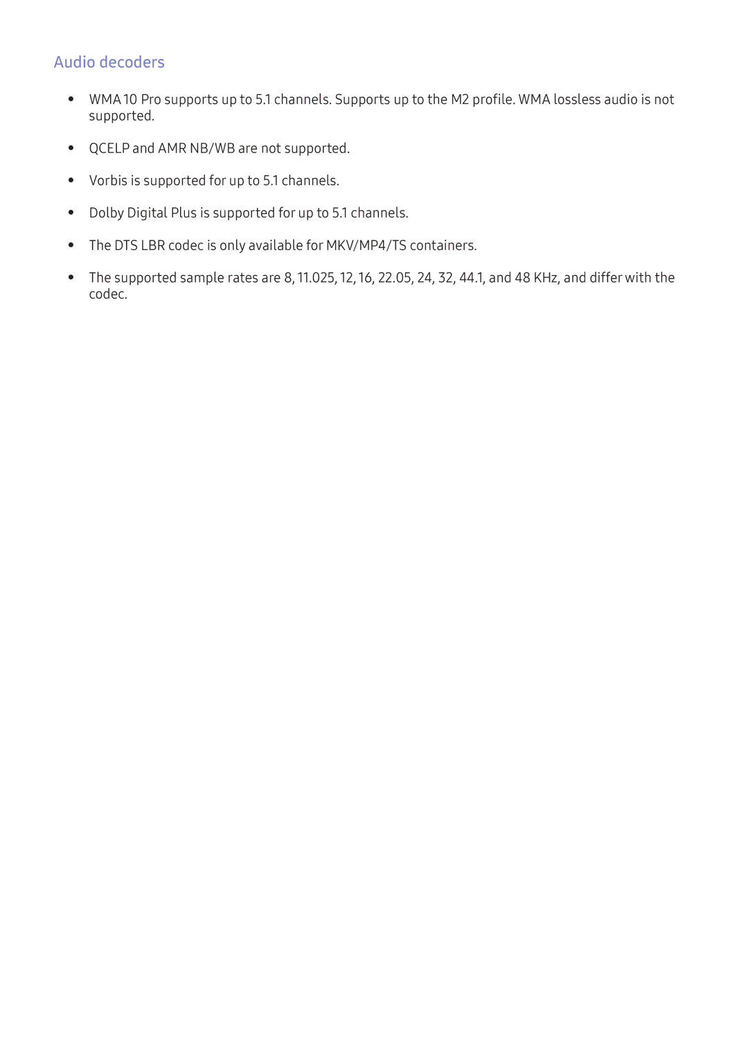 Samsung UA49K6300AKXXV, UA49K6500AKXSK, UA40K5300AKXSK, UA40K5300BKXSK, UA49K6500BKXSK, UA49K5300BWXMV manual Audio decoders 