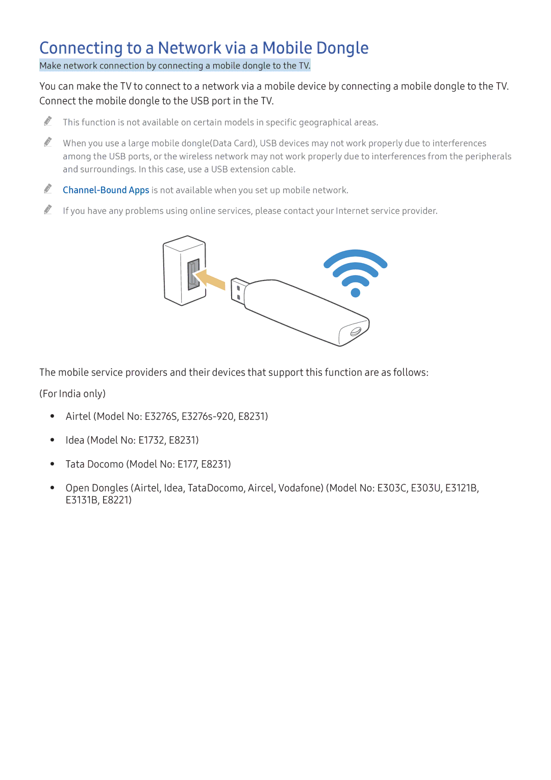 Samsung UA55K5300AKXXV, UA49K6500AKXSK, UA40K5300AKXSK manual Connecting to a Network via a Mobile Dongle, E3131B, E8221 