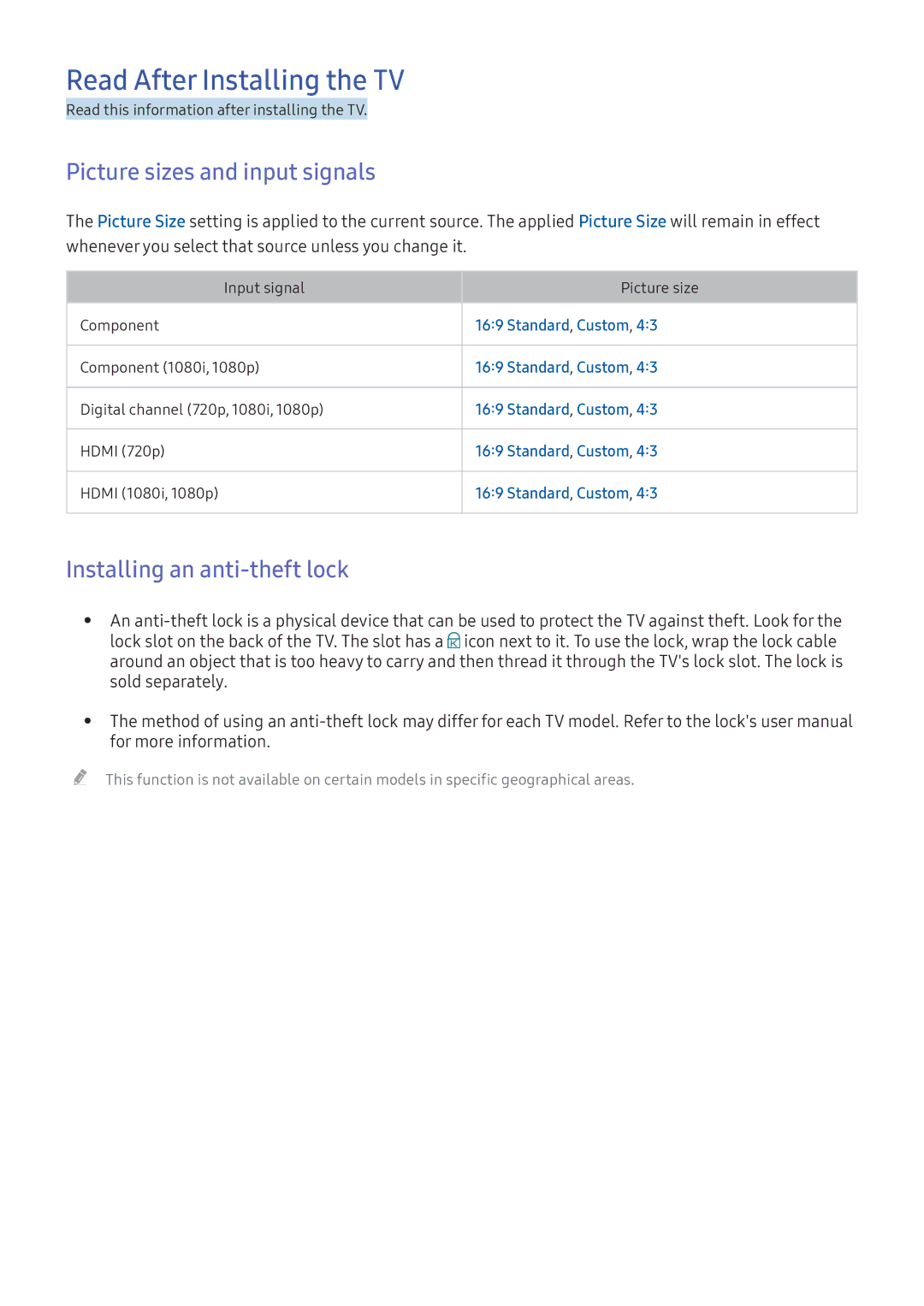 Samsung UA43K5310AKXXV manual Read After Installing the TV, Picture sizes and input signals, Installing an anti-theft lock 