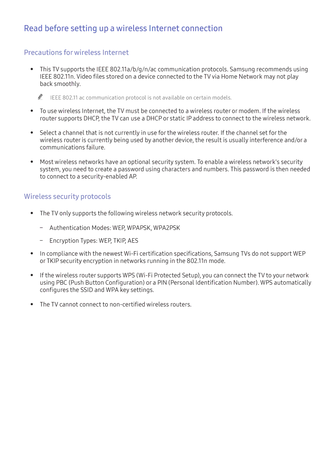 Samsung UA55K5520AKXXV manual Read before setting up a wireless Internet connection, Precautions for wireless Internet 