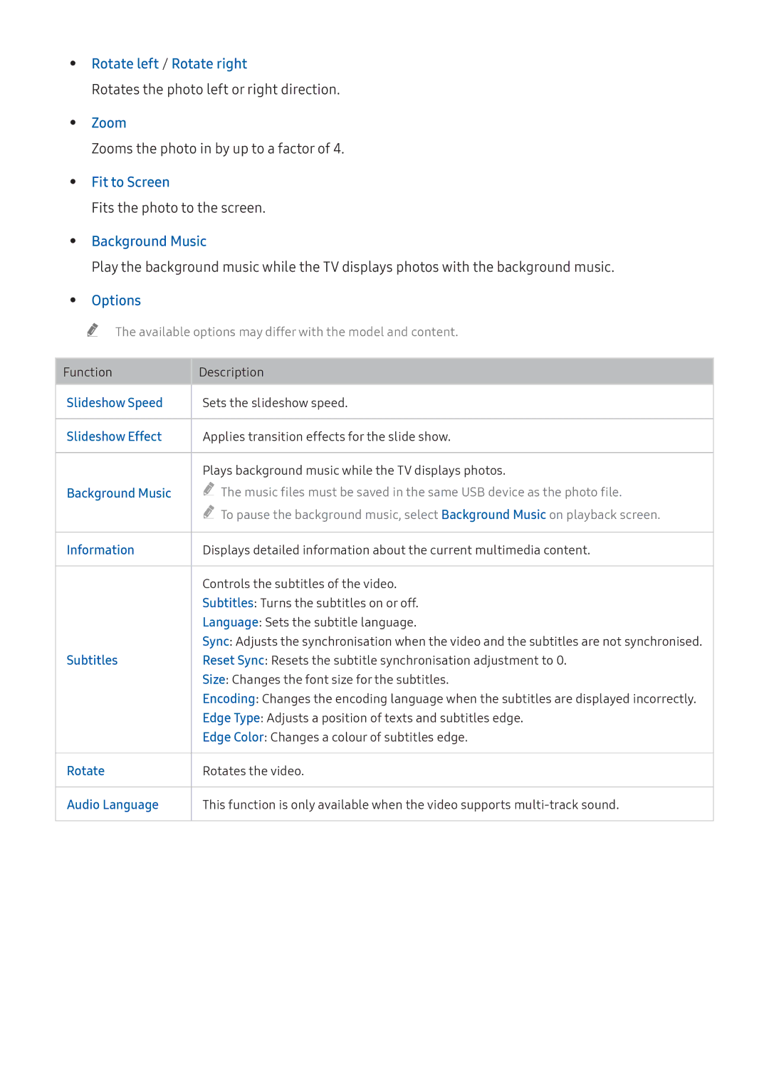 Samsung UA43K5300BWXMV, UA49K6500AKXSK, UA40K5300AKXSK Rotate left / Rotate right, Zoom, Fit to Screen, Background Music 