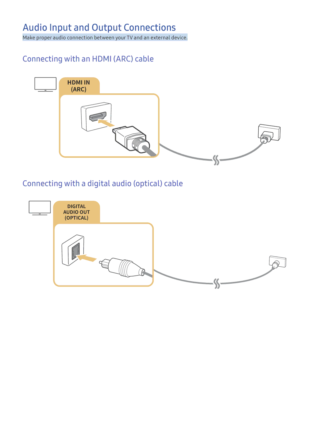 Samsung UA49K5300AKXXV, UA49K6500AKXSK manual Audio Input and Output Connections, Connecting with an Hdmi ARC cable 