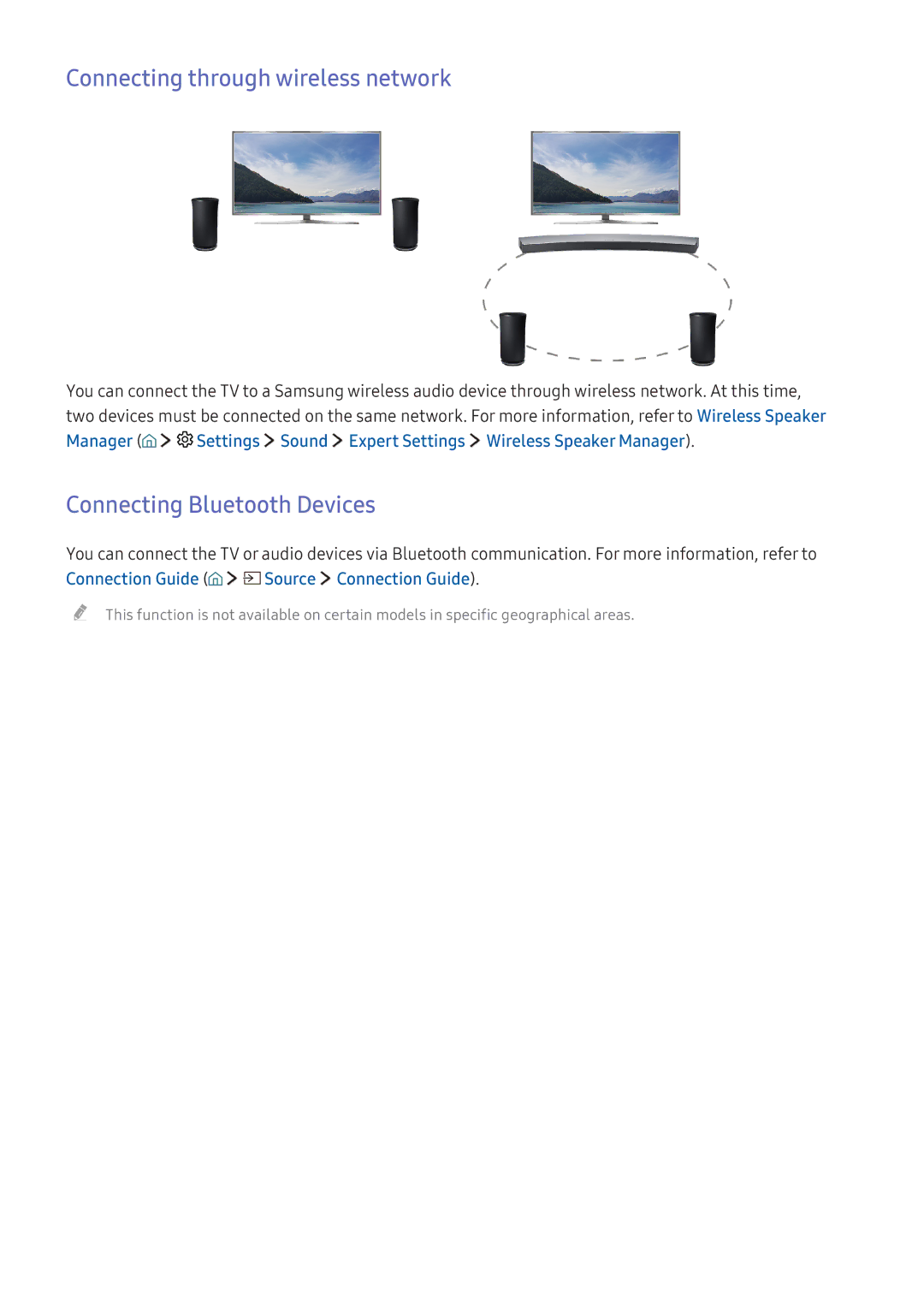 Samsung UA49K5500AKXXV, UA49K6500AKXSK, UA40K5300AKXSK Connecting through wireless network, Connecting Bluetooth Devices 