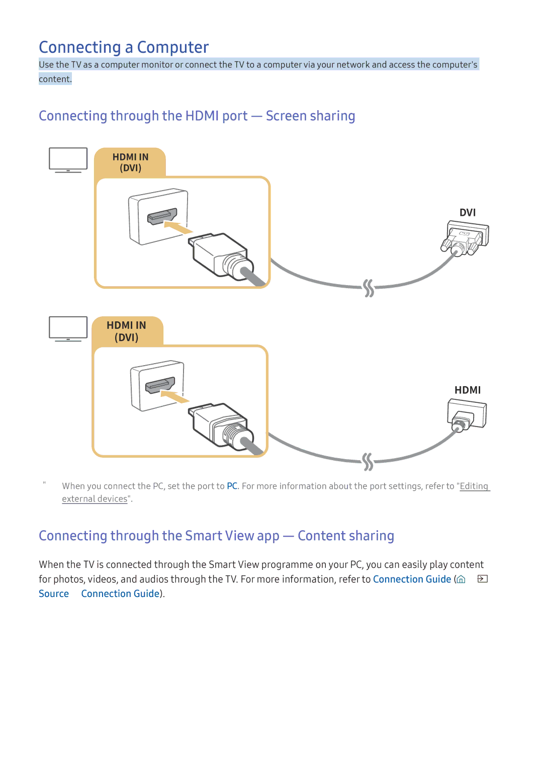 Samsung UA55K5500AKXXV, UA49K6500AKXSK manual Connecting a Computer, Connecting through the Hdmi port ― Screen sharing 