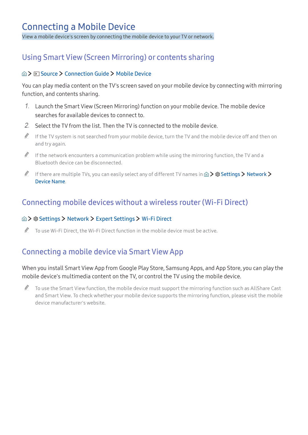 Samsung UA43K5500AKXXV, UA49K6500AKXSK Connecting a Mobile Device, Using Smart View Screen Mirroring or contents sharing 