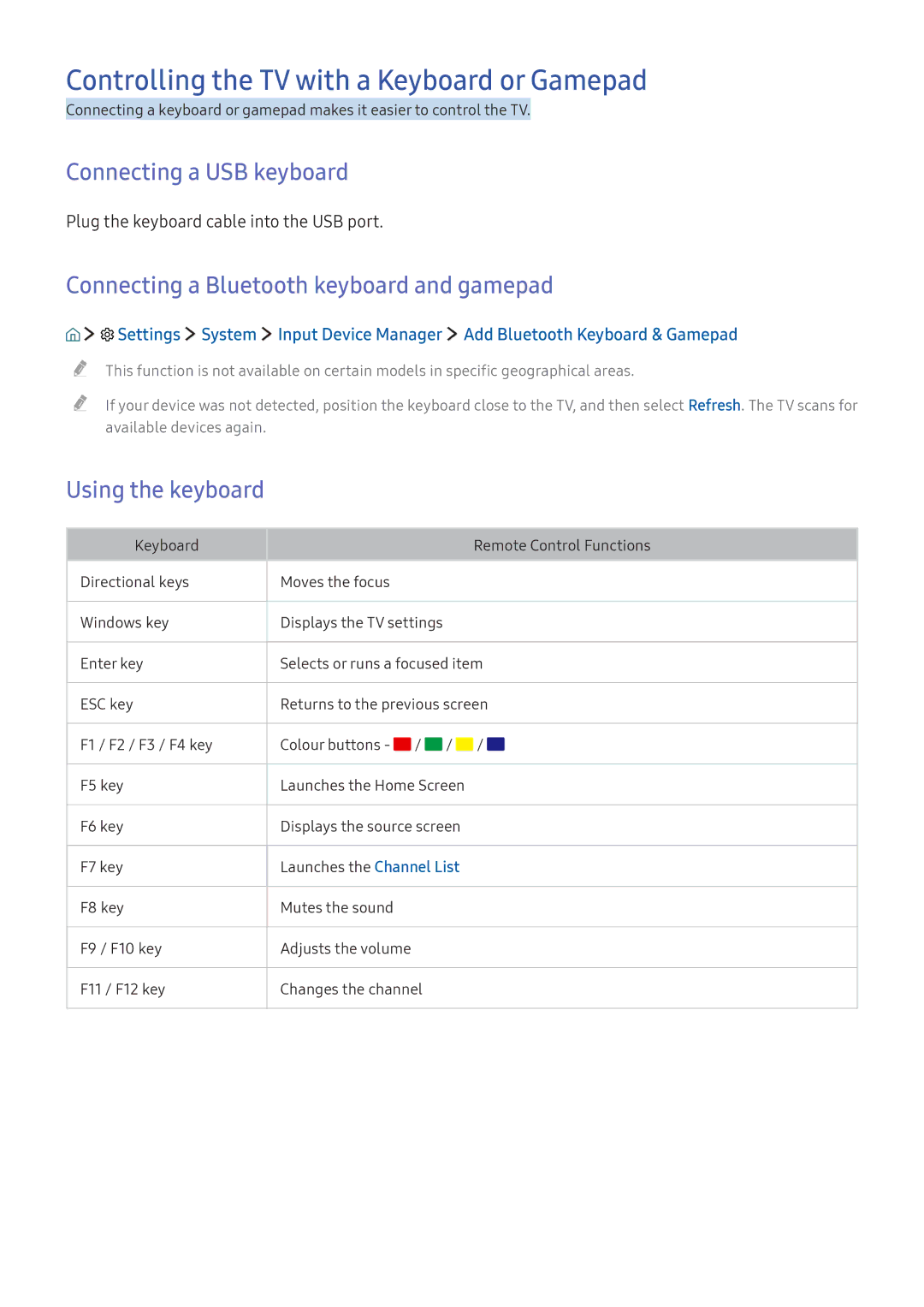 Samsung UA49K6300AKXXV manual Controlling the TV with a Keyboard or Gamepad, Connecting a USB keyboard, Using the keyboard 