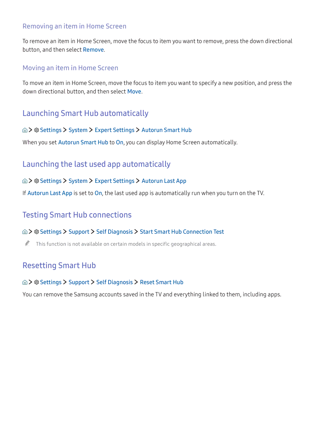 Samsung UA40K5300AKXSK Launching Smart Hub automatically, Launching the last used app automatically, Resetting Smart Hub 