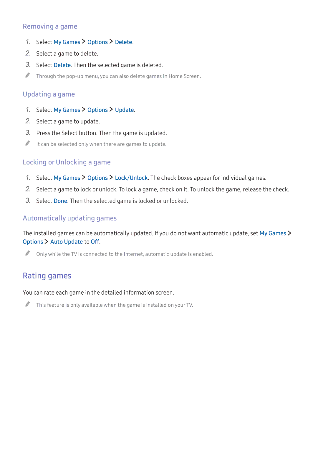 Samsung UA43K6000BWXMV, UA49K6500AKXSK manual Rating games, Removing a game, Updating a game, Locking or Unlocking a game 