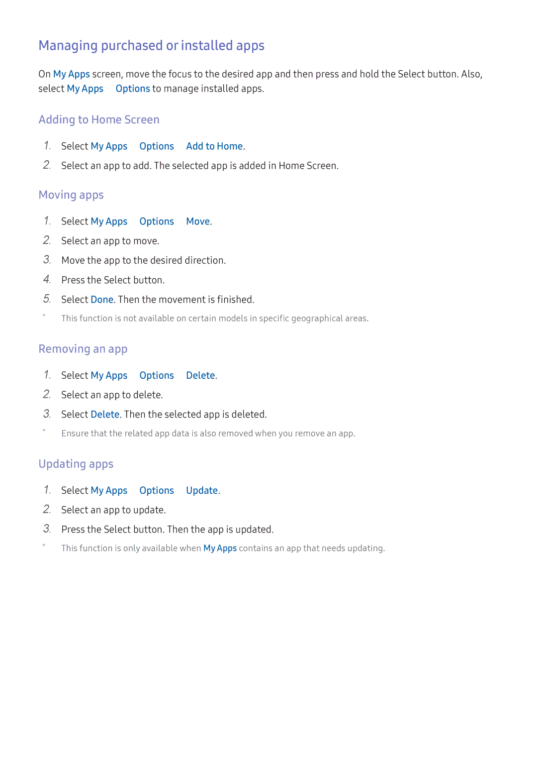 Samsung UA55K6000AKXZN, UA49K6500AKXSK Managing purchased or installed apps, Moving apps, Removing an app, Updating apps 