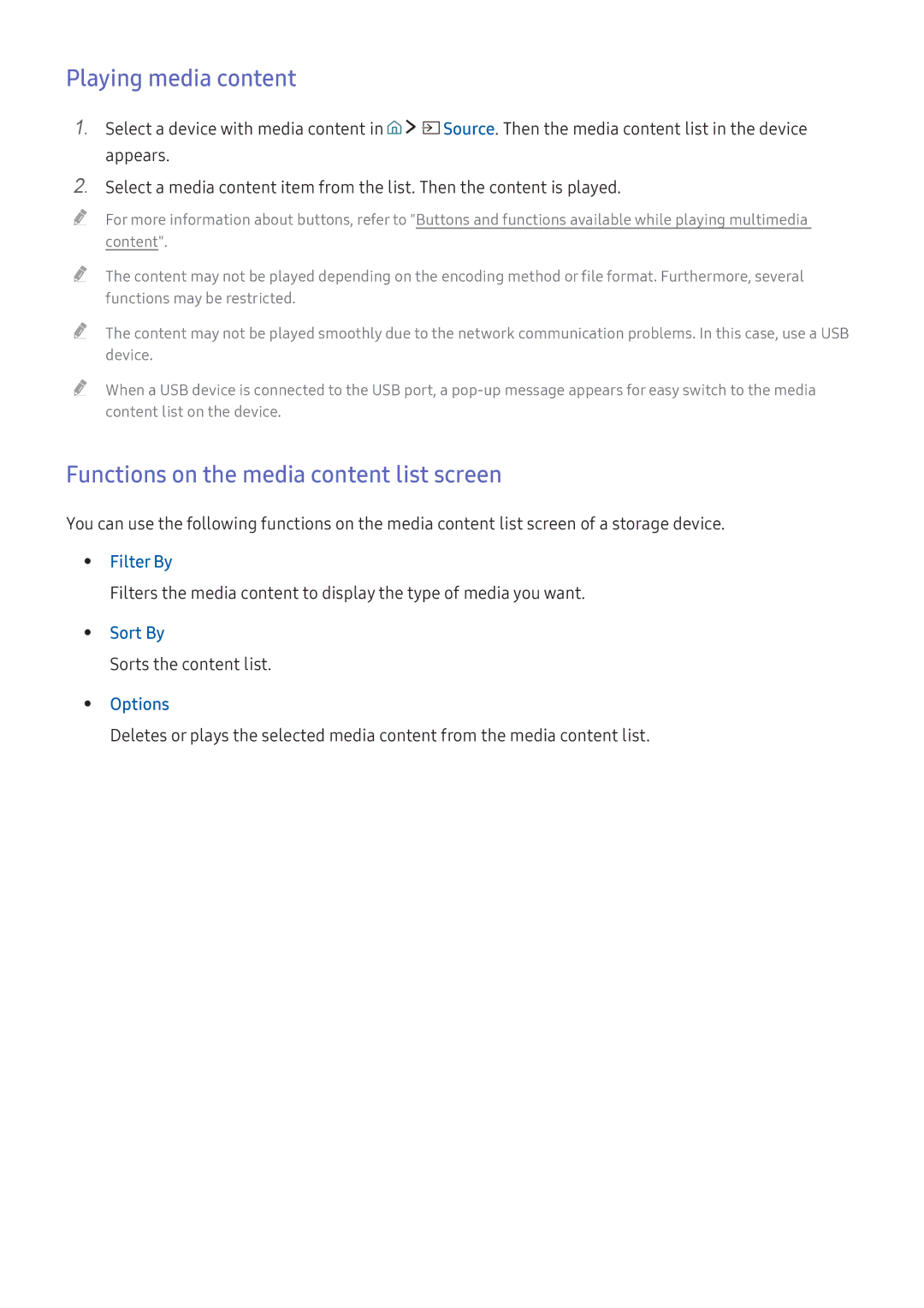 Samsung UA43K5300AKXXV Playing media content, Functions on the media content list screen, Filter By, Sort By, Options 