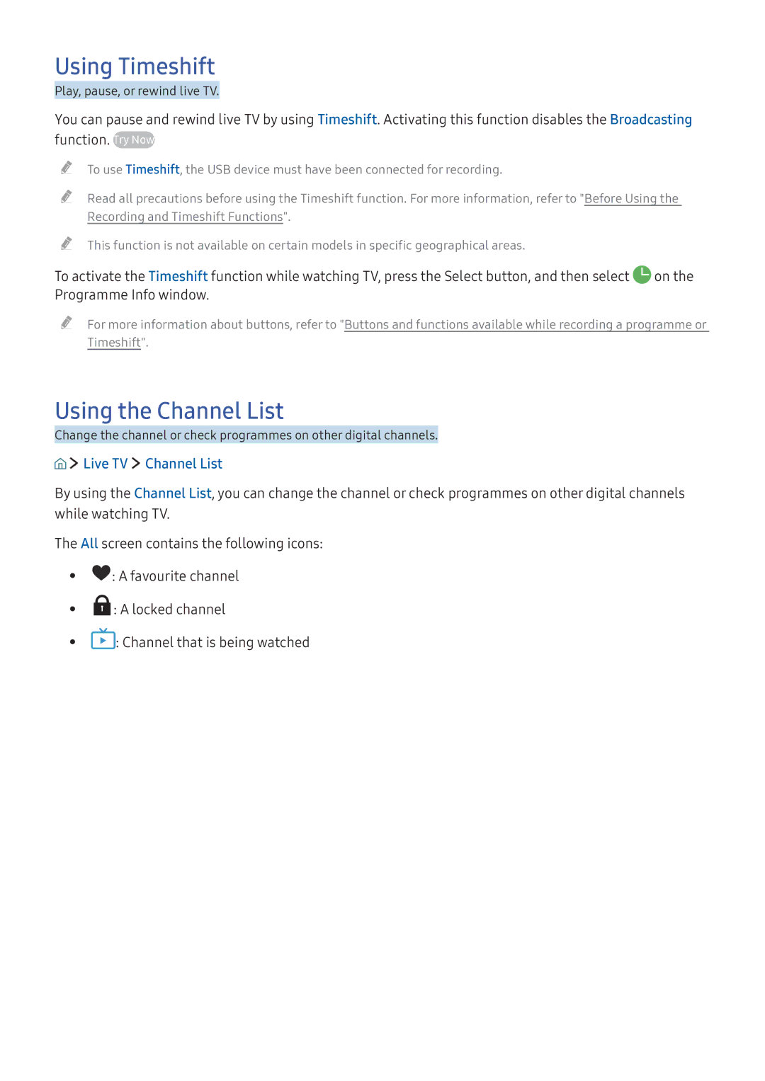 Samsung UA55K5500AKXXV, UA49K6500AKXSK, UA40K5300AKXSK, UA40K5300BKXSK manual Using Timeshift, Using the Channel List 