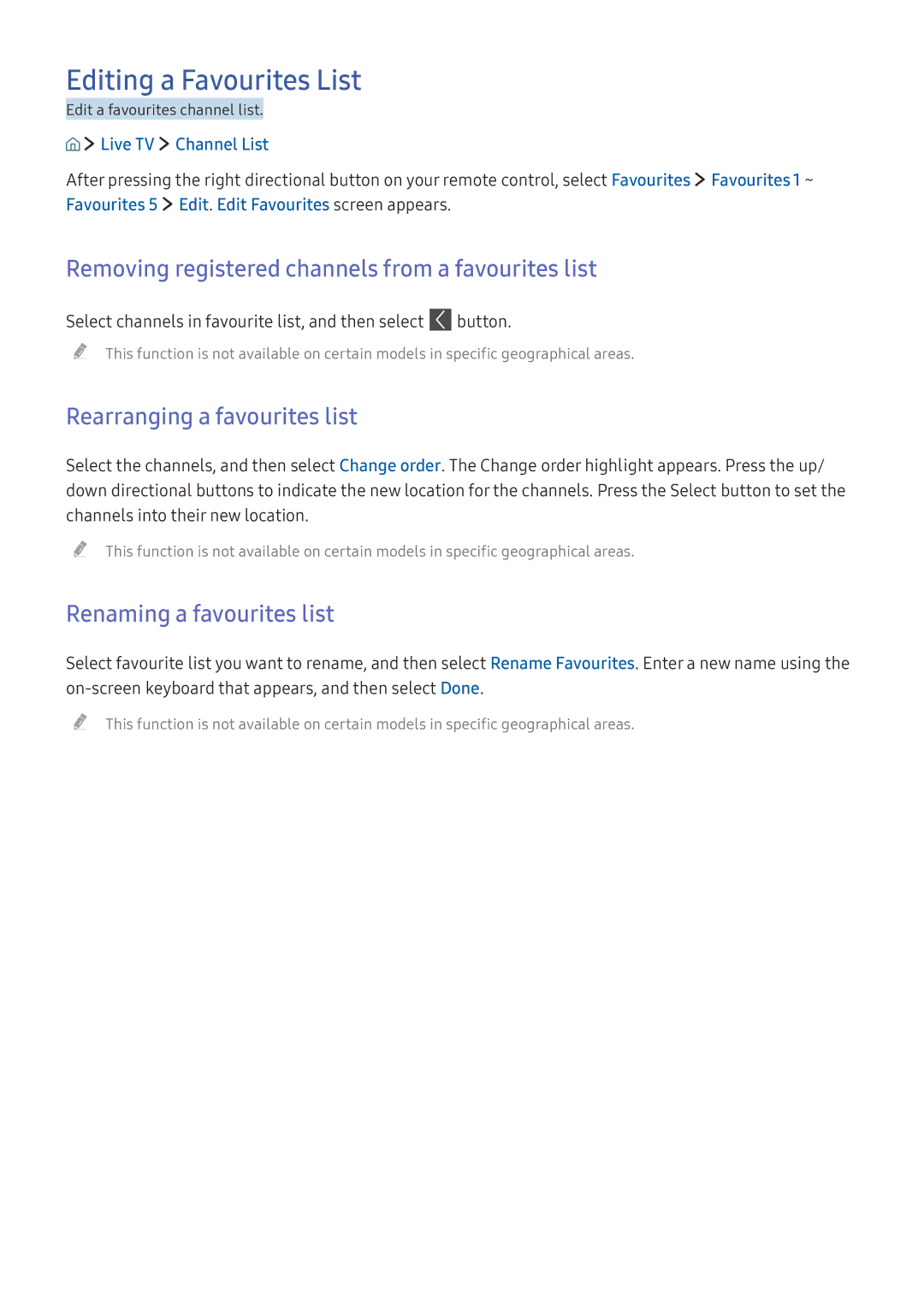 Samsung UA55K6300AKXXV, UA49K6500AKXSK manual Editing a Favourites List, Removing registered channels from a favourites list 