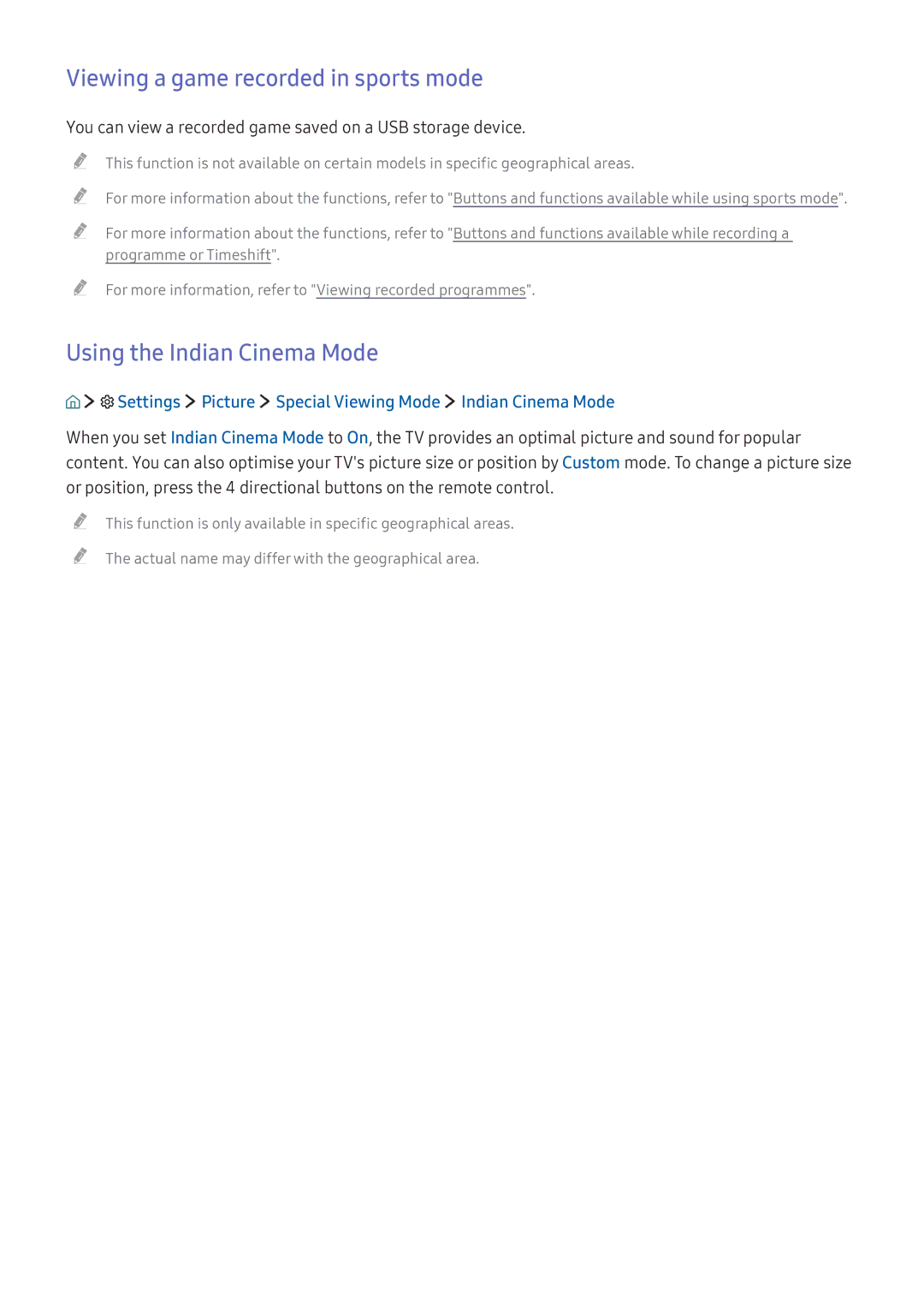 Samsung UA49K6300AKXXV, UA49K6500AKXSK, UA40K5300AKXSK Viewing a game recorded in sports mode, Using the Indian Cinema Mode 