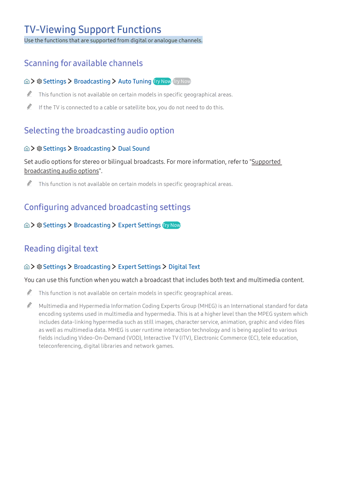 Samsung UA43K5310AKXXV, UA49K6500AKXSK TV-Viewing Support Functions, Scanning for available channels, Reading digital text 