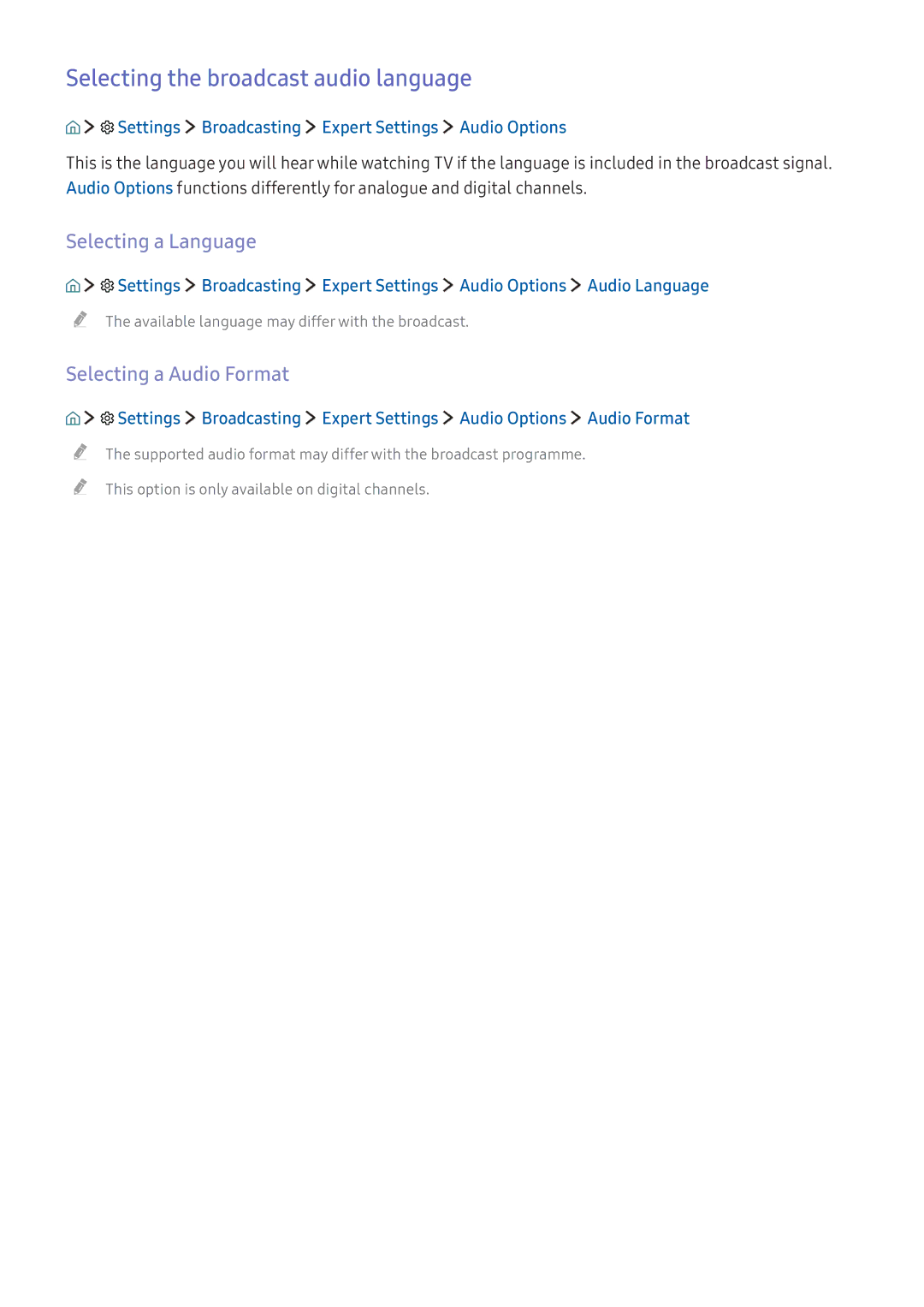 Samsung UA55K5520AKXXV manual Selecting the broadcast audio language, Selecting a Language, Selecting a Audio Format 