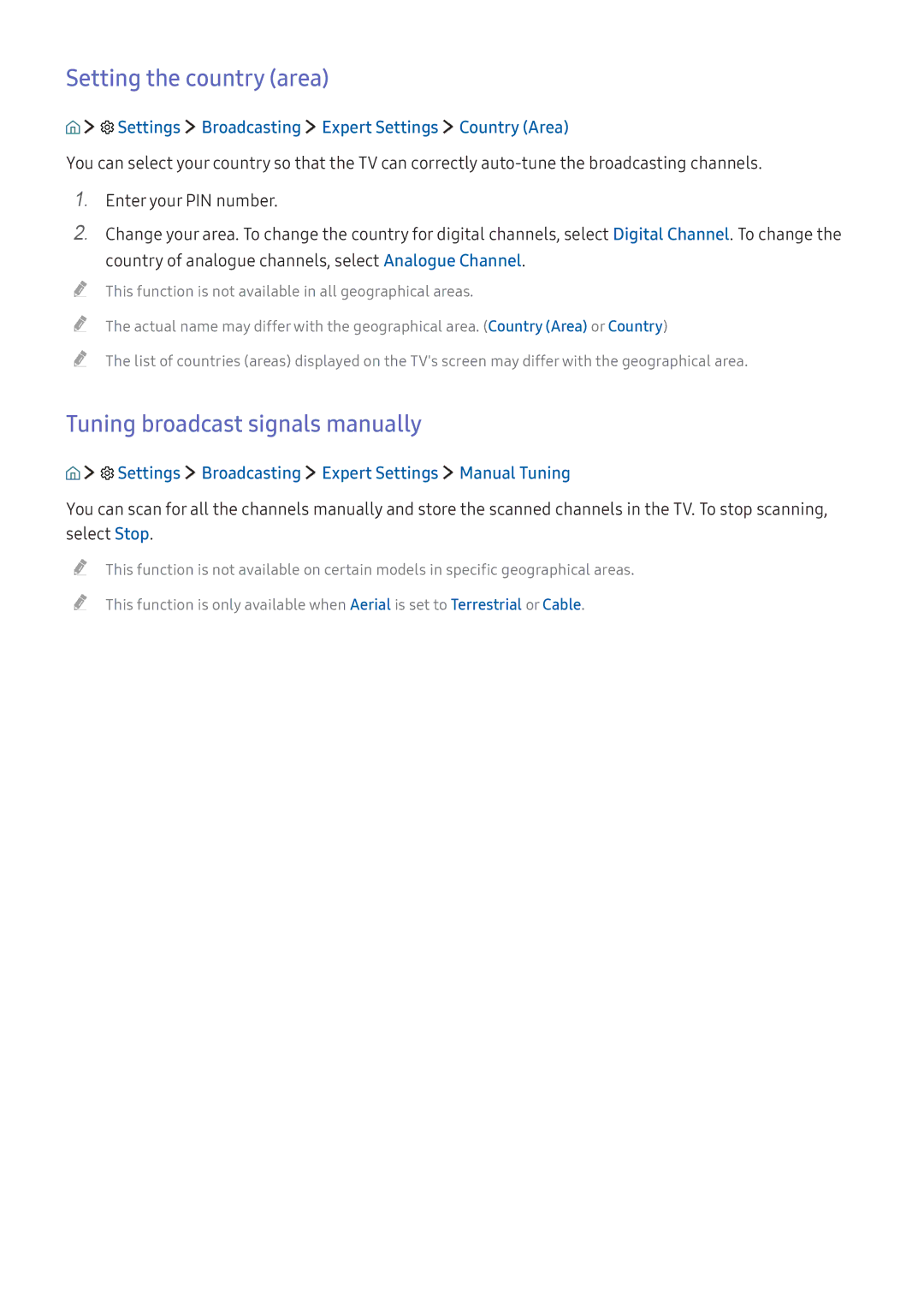 Samsung UA49K6500AKXSK, UA40K5300AKXSK, UA40K5300BKXSK Setting the country area, Tuning broadcast signals manually 