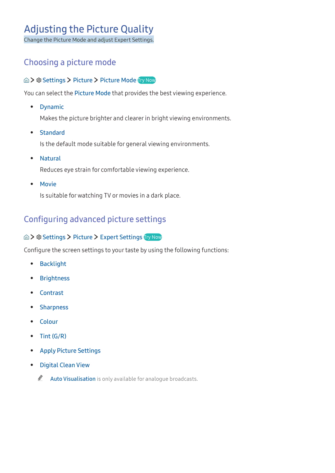 Samsung UA49K6500BKXSK manual Adjusting the Picture Quality, Choosing a picture mode, Configuring advanced picture settings 