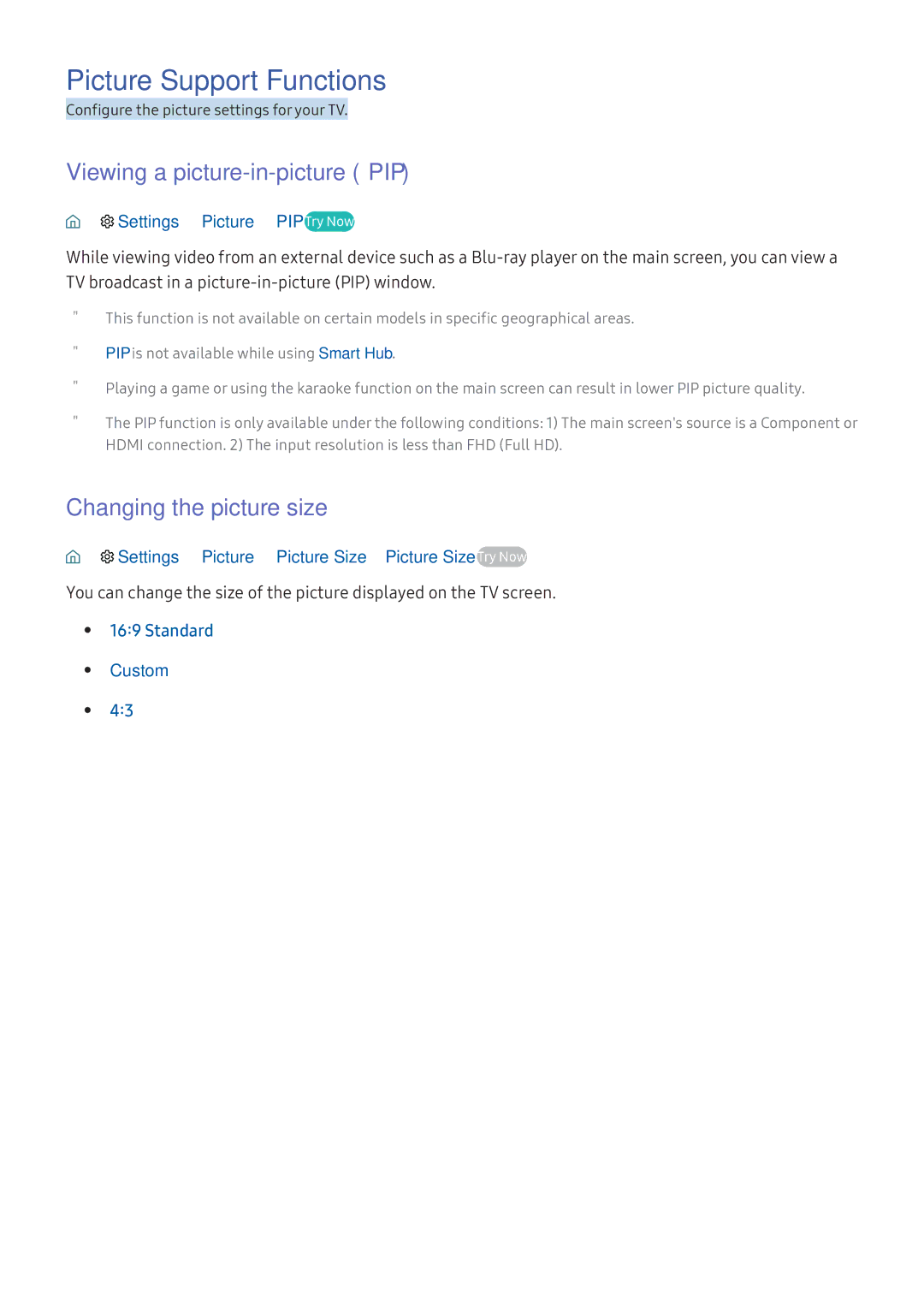 Samsung UA43K5300BWXMV manual Picture Support Functions, Viewing a picture-in-picture PIP, Changing the picture size 