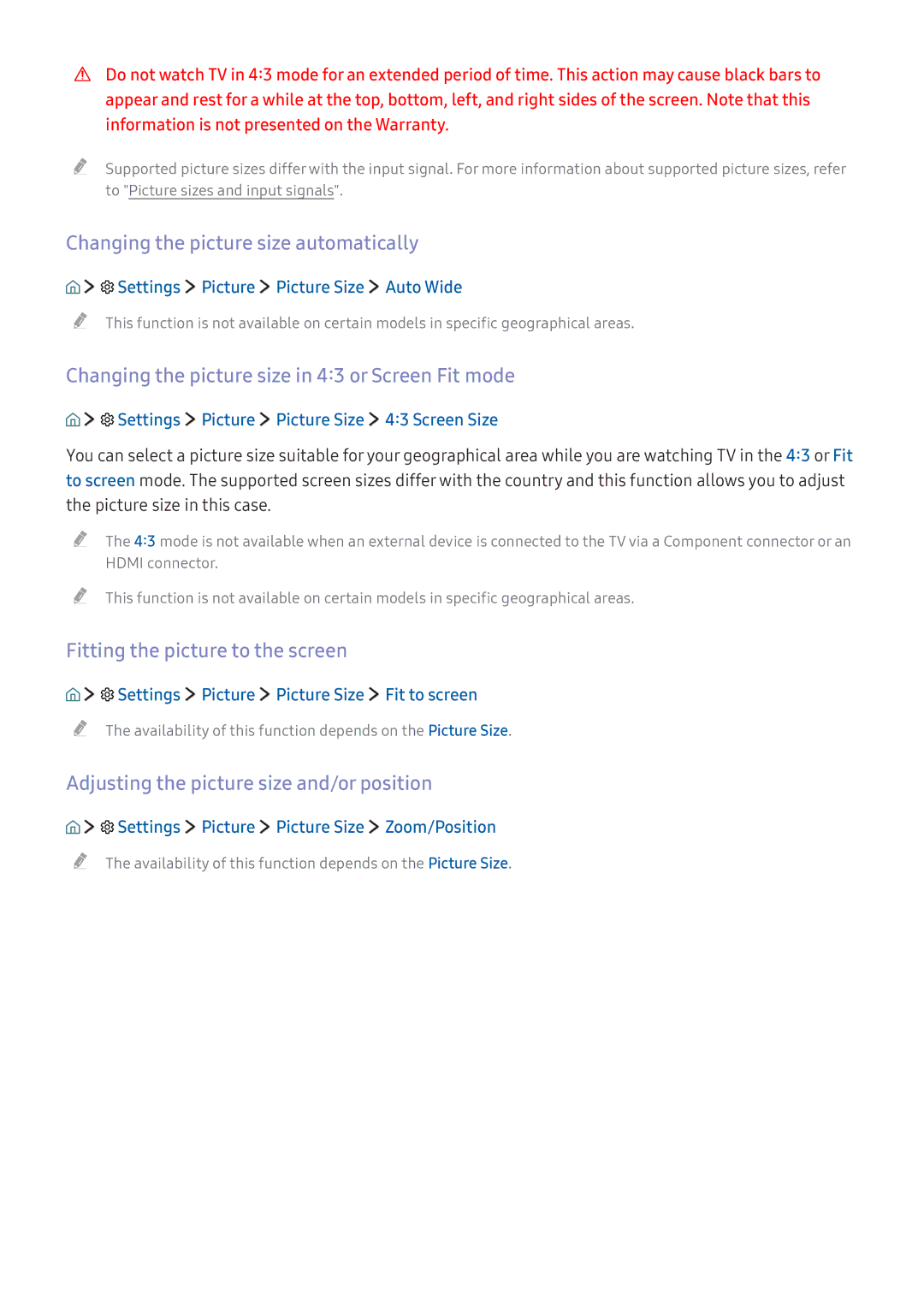 Samsung UA43K6000BWXMV manual Changing the picture size automatically, Changing the picture size in 43 or Screen Fit mode 