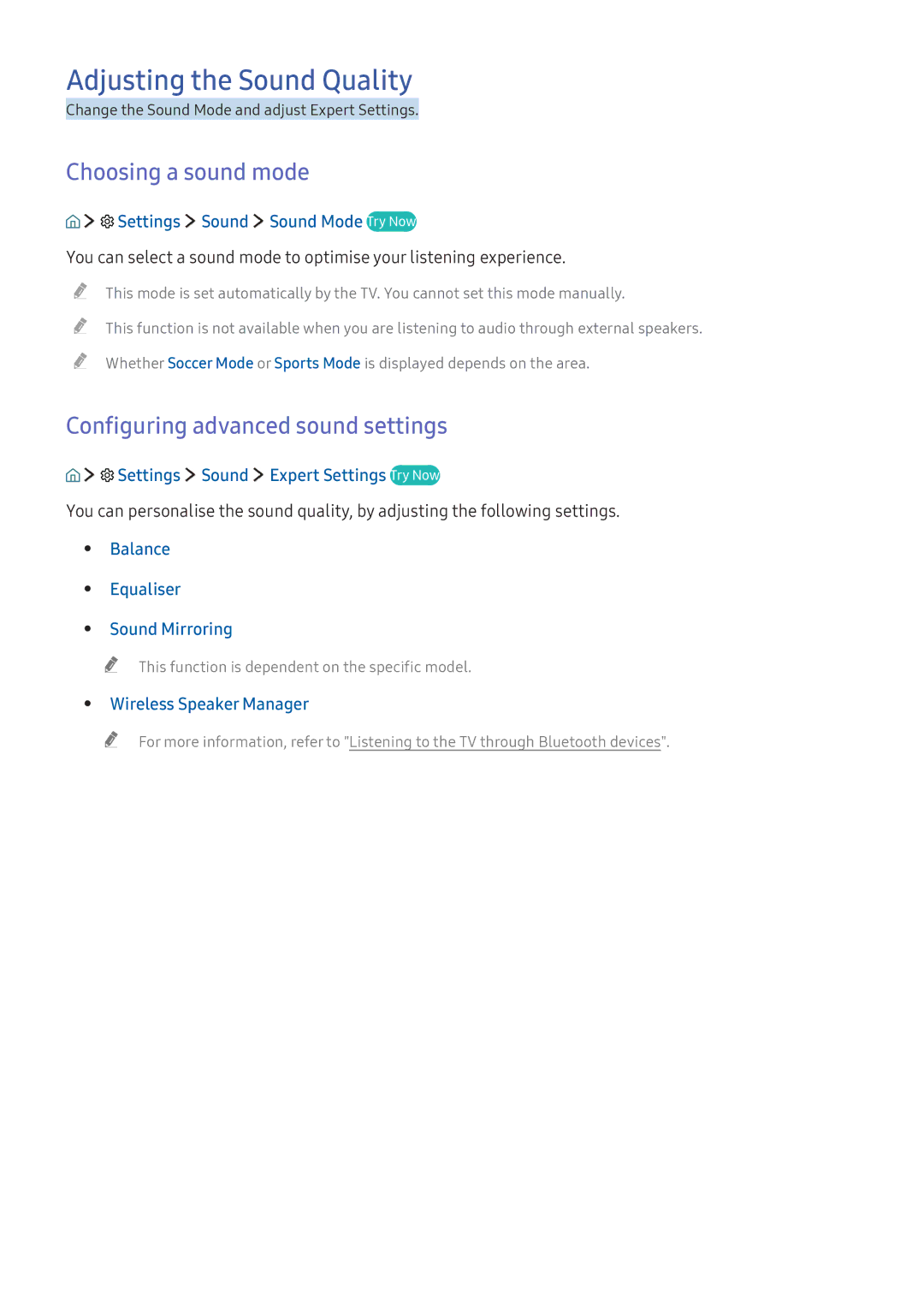 Samsung UA49K6500BWXMV manual Adjusting the Sound Quality, Choosing a sound mode, Configuring advanced sound settings 