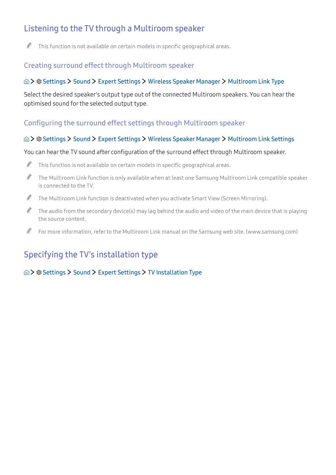 Samsung UA40K6300AKXXV manual Listening to the TV through a Multiroom speaker, Specifying the TVs installation type 