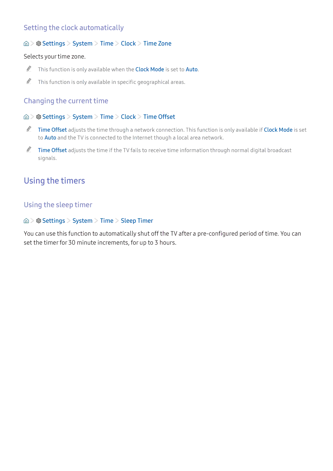 Samsung UA49K5520AKXXV Using the timers, Setting the clock automatically, Changing the current time, Using the sleep timer 