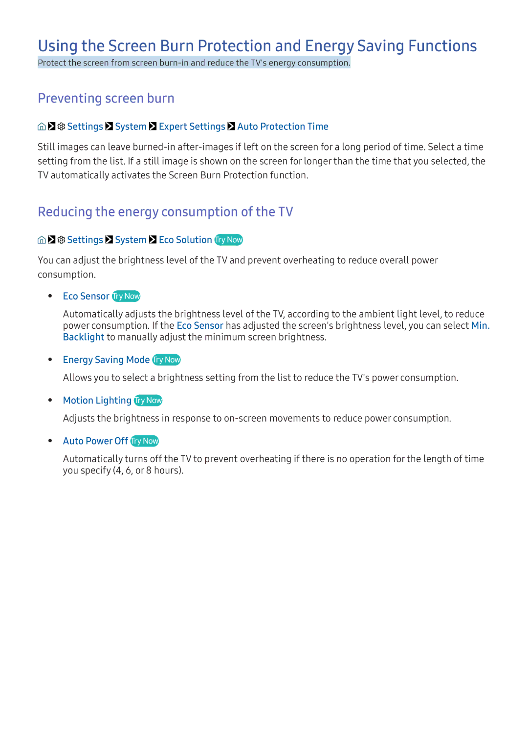 Samsung UA32K5300AKXXV, UA49K6500AKXSK, UA40K5300AKXSK Preventing screen burn, Reducing the energy consumption of the TV 