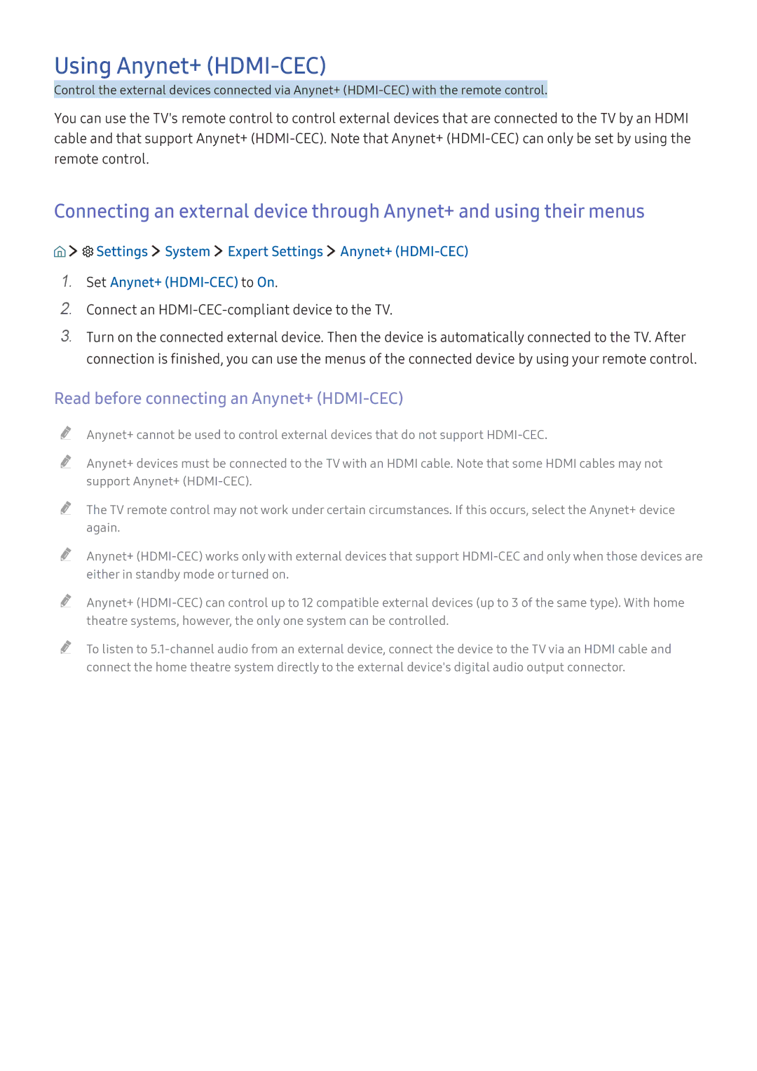 Samsung UA40K5520AKXXV, UA49K6500AKXSK, UA40K5300AKXSK Using Anynet+ HDMI-CEC, Read before connecting an Anynet+ HDMI-CEC 