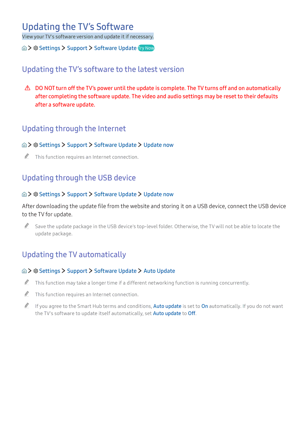 Samsung UA49K5300AKXXV, UA49K6500AKXSK manual Updating the TV’s Software, Updating the TV’s software to the latest version 