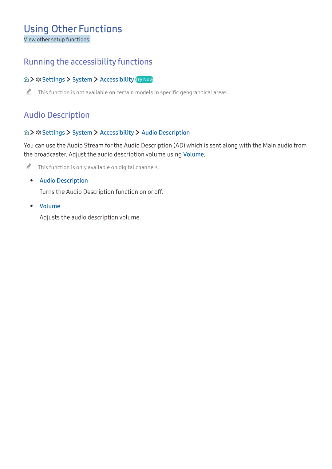 Samsung UA55K5500AKXXV, UA49K6500AKXSK manual Using Other Functions, Running the accessibility functions, Audio Description 