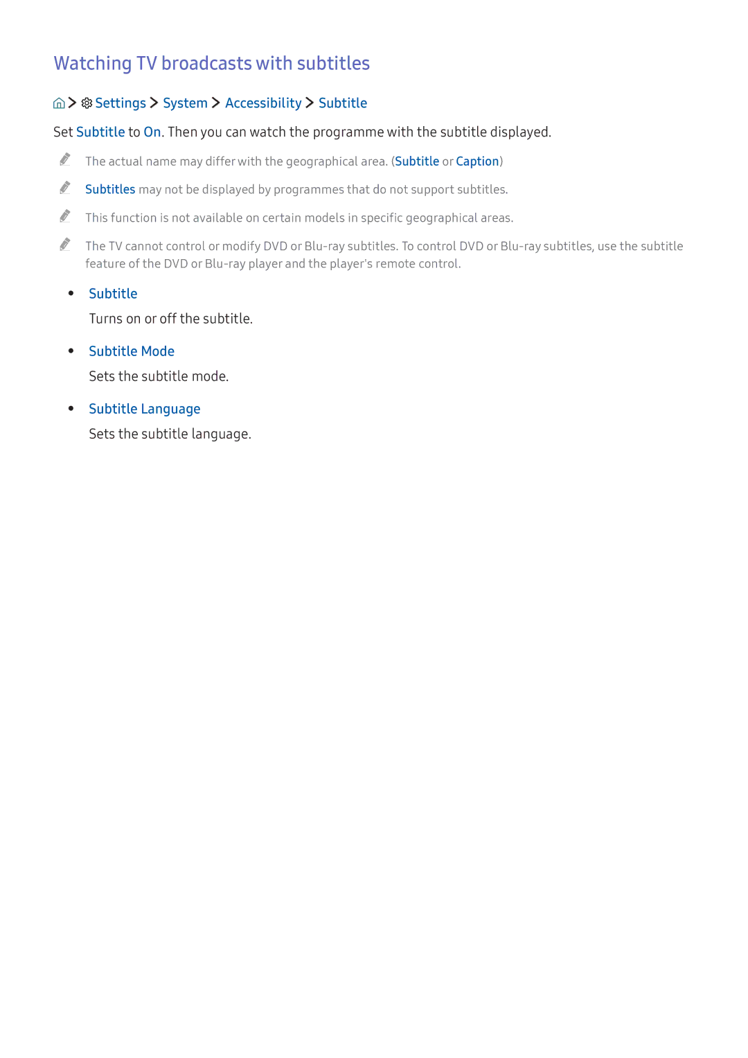 Samsung UA43K5500AKXXV manual Watching TV broadcasts with subtitles, Settings System Accessibility Subtitle, Subtitle Mode 