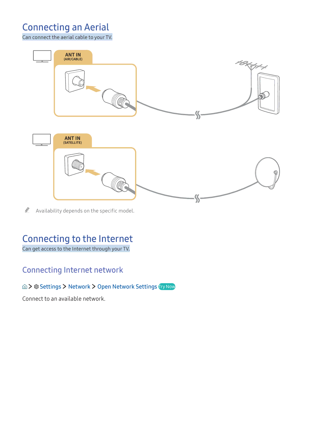 Samsung UA55K5300BWXMV, UA49K6500AKXSK manual Connecting an Aerial, Connecting to the Internet, Connecting Internet network 