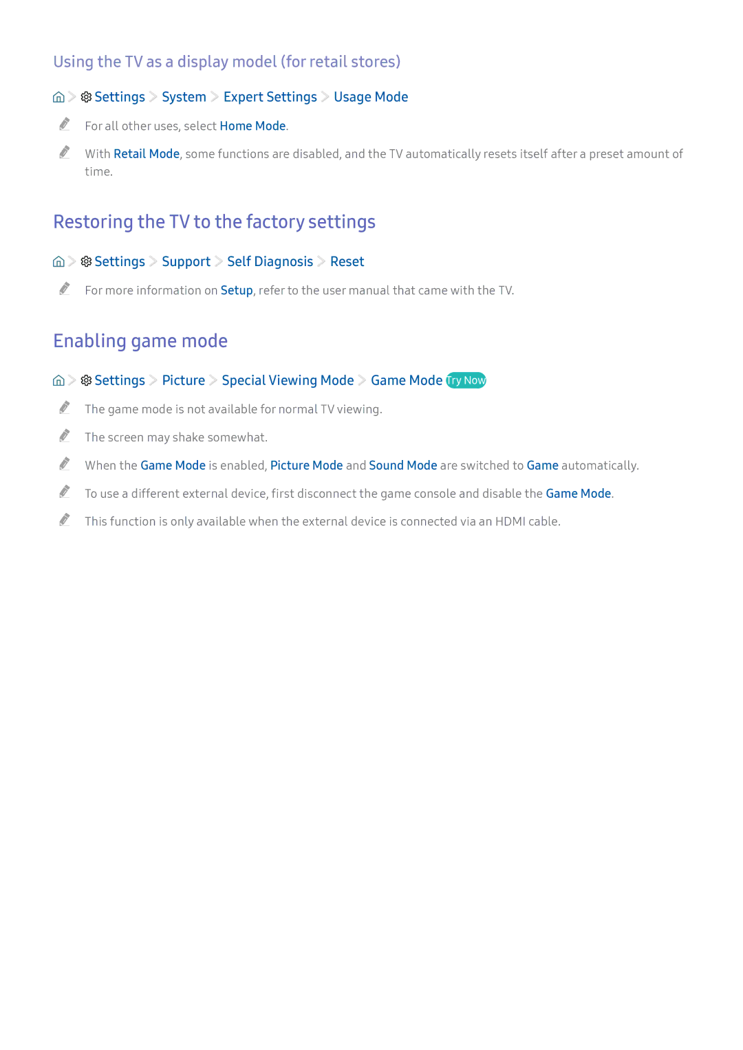 Samsung UA43K5520AKXXV, UA49K6500AKXSK, UA40K5300AKXSK manual Restoring the TV to the factory settings, Enabling game mode 
