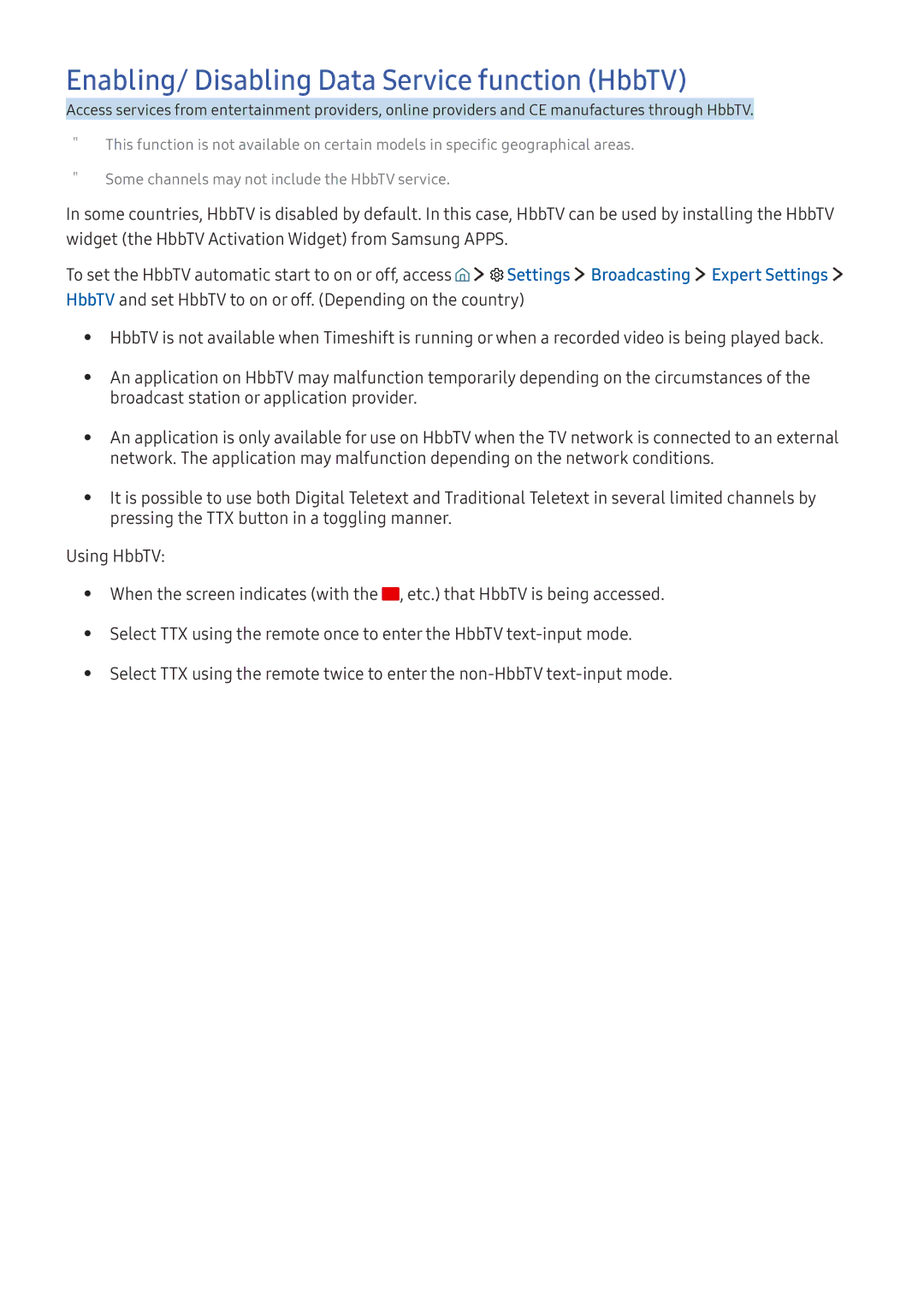 Samsung UA49K6300AKXXV manual Enabling/ Disabling Data Service function HbbTV, Settings Broadcasting Expert Settings 