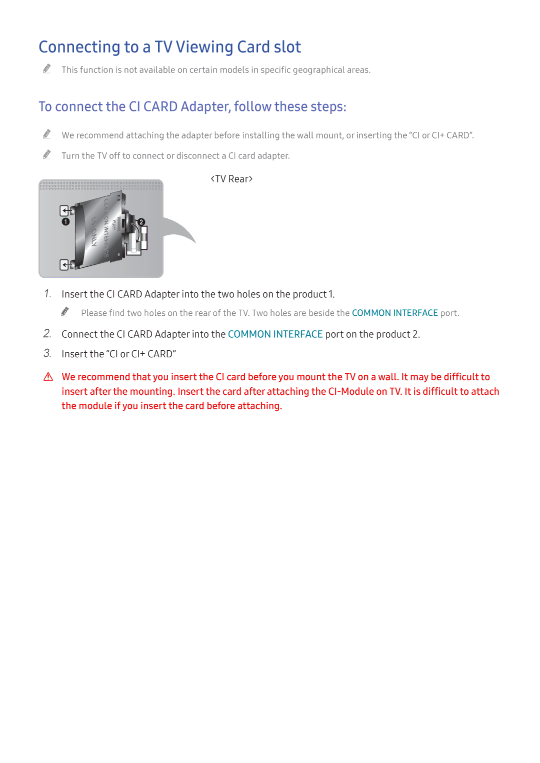 Samsung UA43K5310AKXXV manual Connecting to a TV Viewing Card slot, To connect the CI Card Adapter, follow these steps 