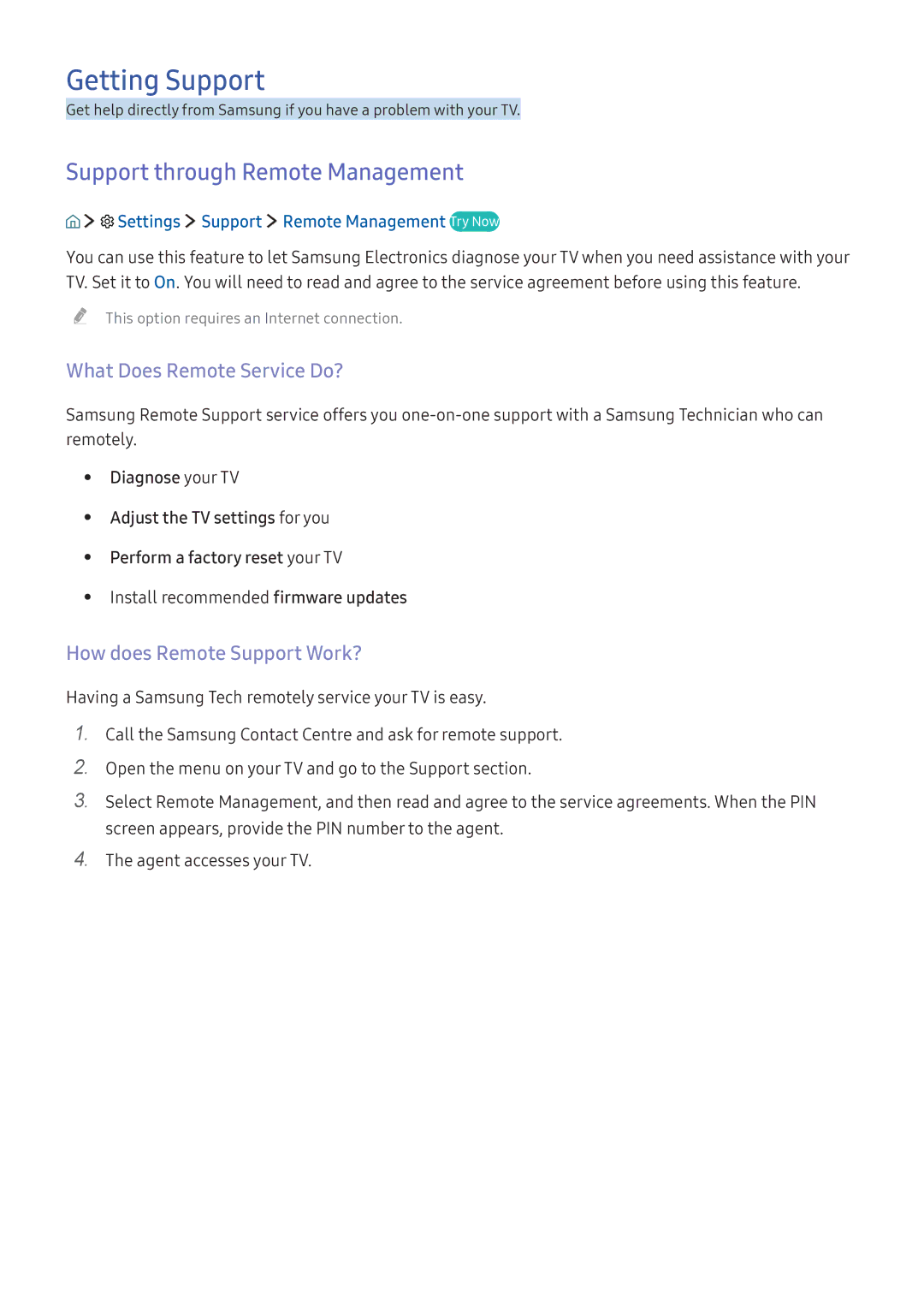 Samsung UA40K5300BKXSK, UA49K6500AKXSK Getting Support, Support through Remote Management, What Does Remote Service Do? 