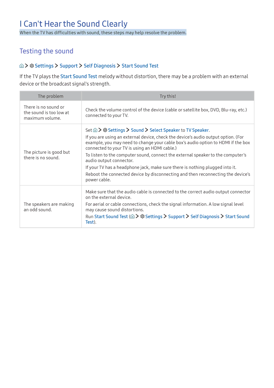 Samsung UA49K6500BWXMV Cant Hear the Sound Clearly, Testing the sound, Settings Support Self Diagnosis Start Sound Test 