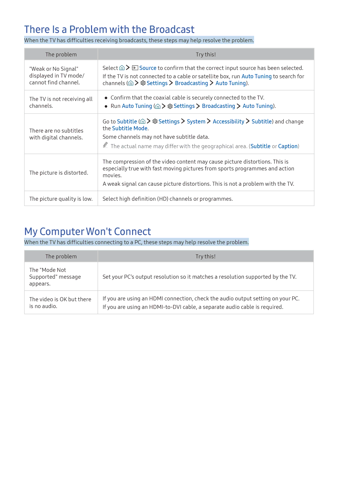 Samsung UA55K5300BWXMV, UA49K6500AKXSK manual There Is a Problem with the Broadcast, My Computer Wont Connect, Subtitle Mode 