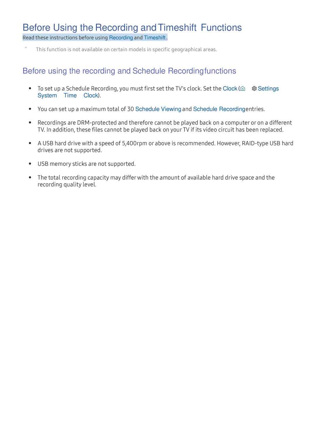 Samsung UA32K5300AKXXV, UA49K6500AKXSK manual Before Using the Recording and Timeshift Functions, System Time Clock 