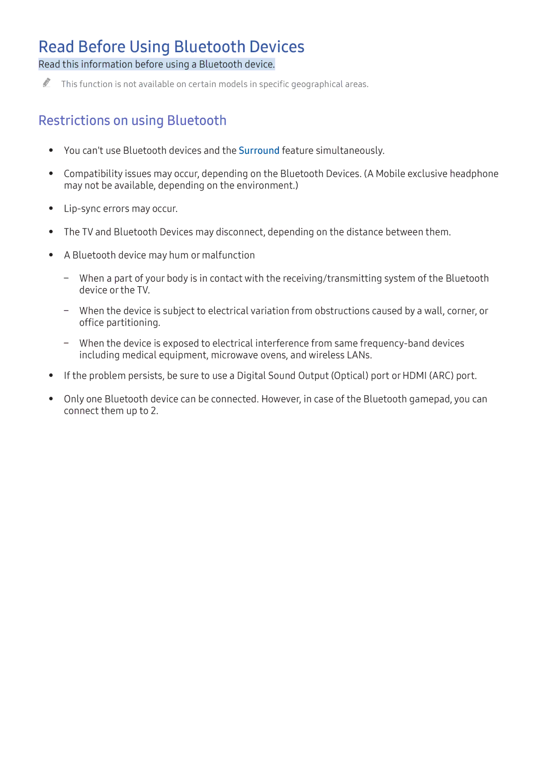 Samsung UA55K6000ARXUM, UA49K6500ARXUM, UA49K5300ARXUM Read Before Using Bluetooth Devices, Restrictions on using Bluetooth 