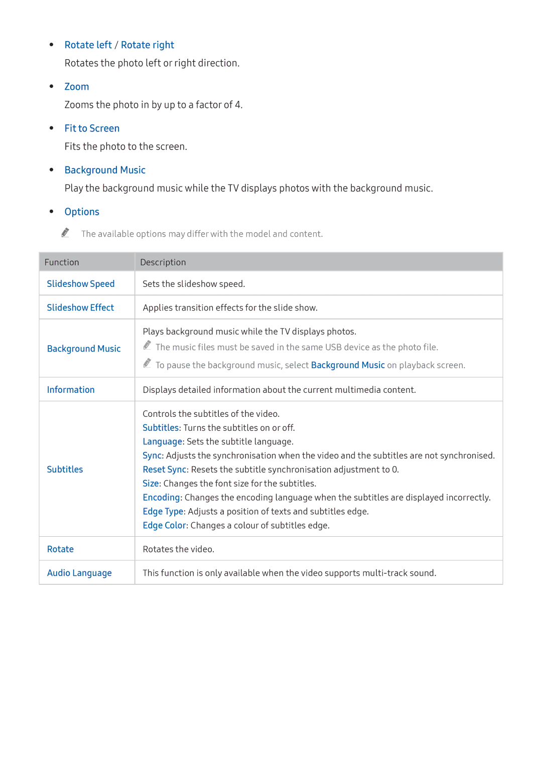 Samsung UA49K5300BRXUM, UA49K6500ARXUM, UA55K6000ARXUM Rotate left / Rotate right, Zoom, Fit to Screen, Background Music 